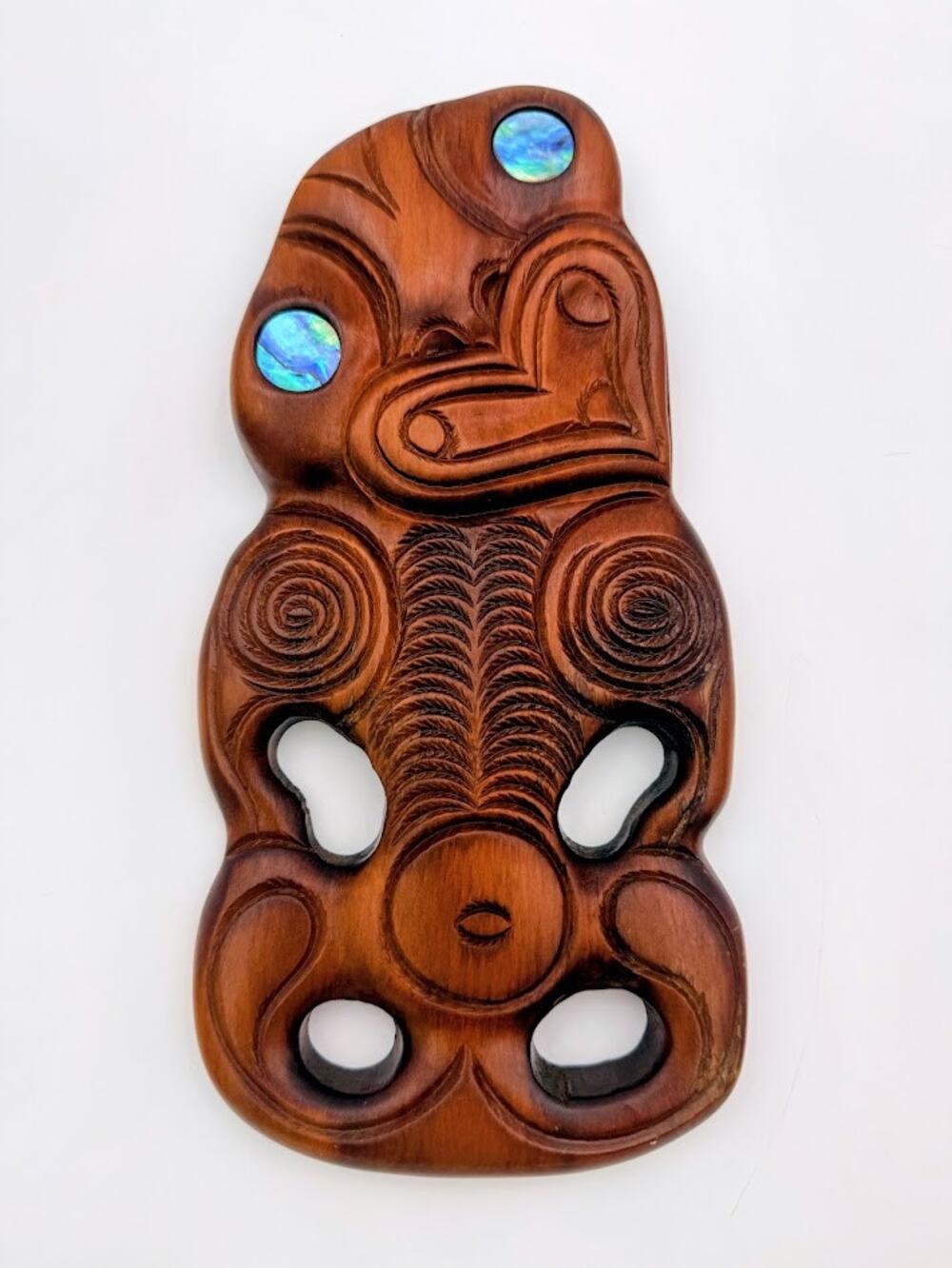Vintage Māori Tiki Hand-Carved Matai Wood Figure with Paua Shell – 9.5"